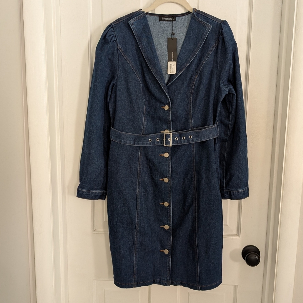 Allegra K‎ Womens Denim Jean Mini Dress Medium Western Cowgirl Full Button Belt